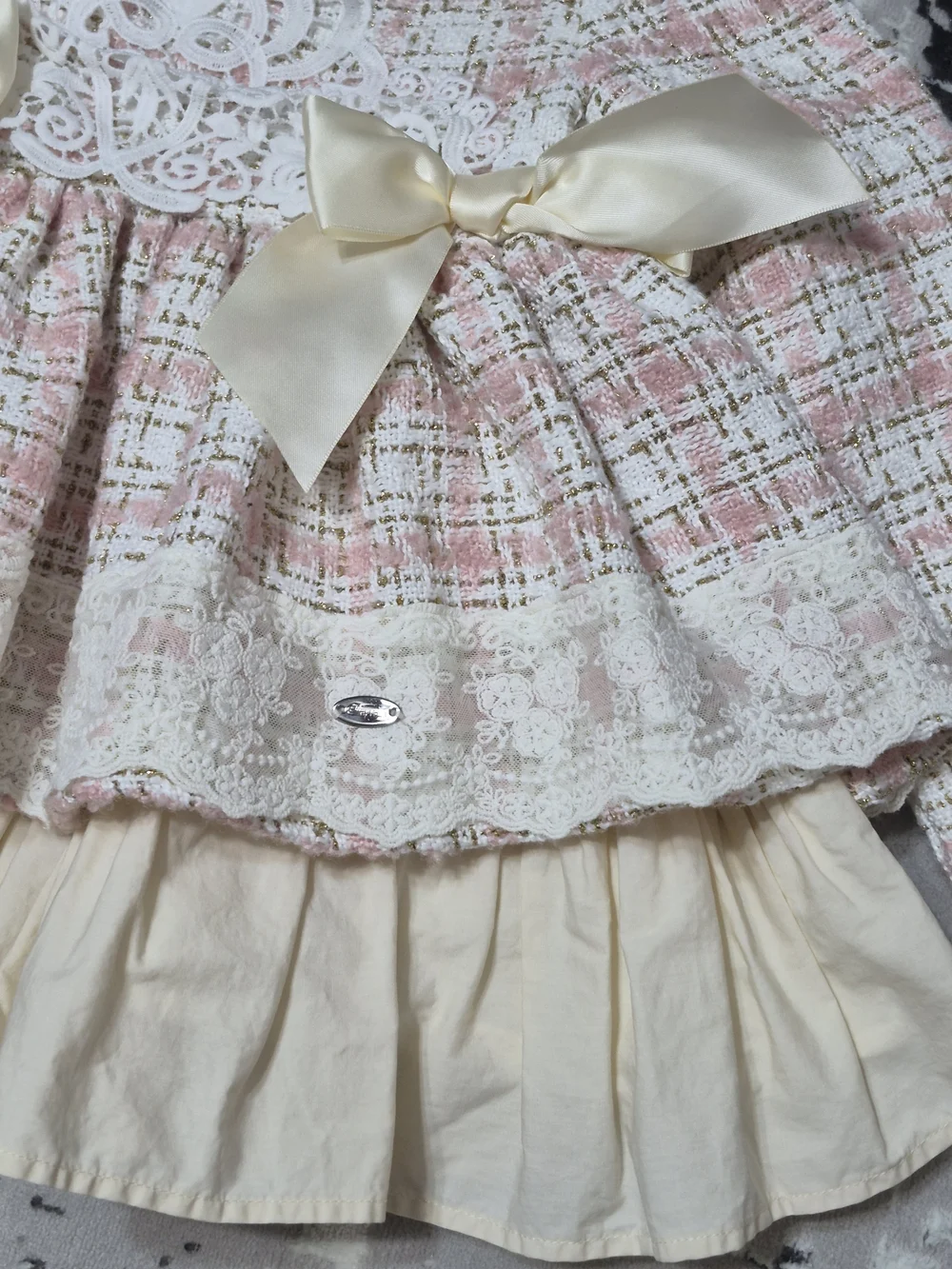 Pettigirl Autumn  Party pink plaid tweed ruffle dressscalloped Peter Pan collar